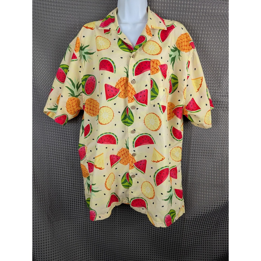 Uzzi Amphibious Gear Hawaiian Shirt Mens Large Yellow Fruit Print Button Up SS